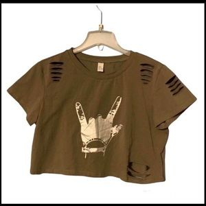 Olive Green Distressed Crop Tee with Graphic